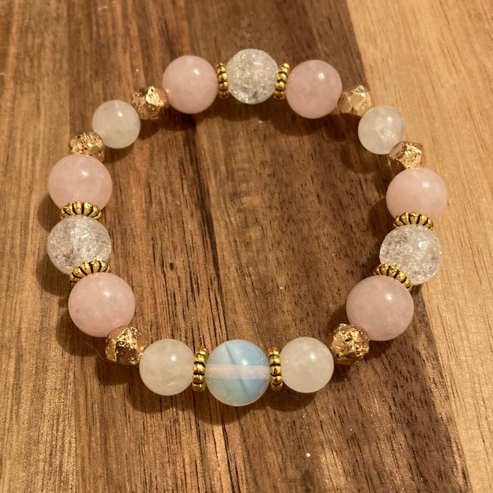 Handmade Beaded Bracelet w/ Rose Quartz, Lava Stone, Moonstone, and White Opal